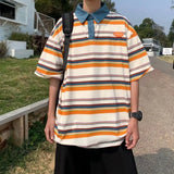 Aidase Japanese Harajuku Style Street Color-blocked Striped Short-sleeved Lapel Shirts Men Women Trendy Hip-hop Loose Casual T-shirts aidase-shop