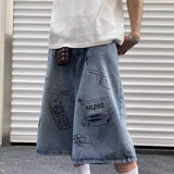 Aidase Men Graffiti Denim Jeans Shorts Women Vintage Cartoon Print Straight Wide Leg Shorts High Street Oversize Kneen Length Pants aidase-shop