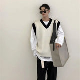 Aidase Man Clothes Beige Vest Waistcoat Knitted Sweaters for Men V Neck Sleeveless Order Korean Fashion Over Fit Knit Large Big Size X aidase-shop