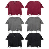 Aidase Summer New Washed Destroyed Tops and T-shirts Retro Distressed Necklace T-shirt Harajuku Oversized Lazy Ripped T Shirt aidase-shop