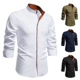 Aidase winter outfits men Fashion Men's Long Sleeve T-Shirts Solid Color Henry Collar Casual Formal Mens Dress Shirt Social Streetwear Mens Clothing