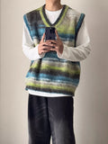 Aidase Man Clothes Tie Dye Vest Fleeced Knitted Sweaters for Men Striped Waistcoat Green Sleeveless V Neck Thick Winter Aesthetic Meme aidase-shop