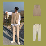 Aidase Autumn Sweater Vest Suits Men's Elegant Casual Set Handsome New Long Sleeve Shirt  V-neck Vet Khaki Trousers 3pcs/2pcs Set aidase-shop