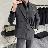 Aidase Fashion New Men's Boutique Business Slim Wedding Striped Double Breasted Suit Blazers Jacket Pants Trousers Vest 3 Pcs Set aidase-shop