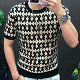 Aidase Diamond Check Contrast Knit T-Shirt High Elasticity Short Sleeve Slim Bottomed Tshirt Men Top Quality Streetwear Knitted Top