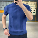 Aidase New Summer Men Knit Ice Silk T-shirts High Quality Solid Jacquard Stripe Short Sleeve O-neck Tee Tops Mens Thin Slim Fit T-Shirt aidase-shop