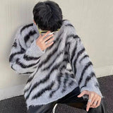 Aidase American Niche Zebra Print Men's Sweater Round Neck Pullover Mohair Knitted Jacket Trendy Contrast Color Male Tops aidase-shop