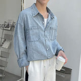 Aidase Spring Blue Black Denim Shirt Men Fashion Pocket Casual Shirts Mens Streetwear Korean Loose Long-sleeved Shirt Men M-2XL aidase-shop