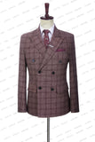 Aidase Men's Wedding Plaid Burgundy Blazers Jacket Pants Vest 3 Pcs Set Slim Fit Business Tuxedo Dress Classic Formal Suits Coat