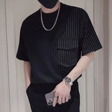 Aidase Fashion Printed Spliced Pockets Loose Striped T-Shirt Men's Clothing  Summer New Oversized Casual Pullovers Korean Tee Shirt