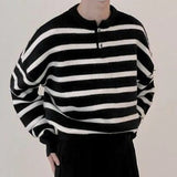 Knitted Light Luxury Pullovers Sweater Men Casual Vintage Henry Collar Striped Long Sleeve Tops Streetwear Autumn aidase-shop