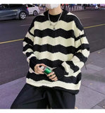 Pullover Stripe Knitted Sweater Men Baggy Korean Fashion Y2k Tops Round Neck Harajuku Male Black Sweatercoat aidase-shop