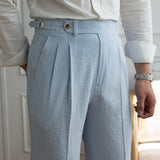 Aidase Summer Seersucker High Waist Straight Pants British Petty Bourgeoisie Blue Stripe Italian Casual Trousers Men Pantalones Hombre aidase-shop