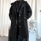 Aidase Men's Windbreaker Jacket Long Trench Oversize Loose Streetwear Hooded Vintage Black Coats High Street Casual Male Outerwear