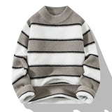 Aidase New Men's Autumn and Winter Pullover Round Neck Spliced Stripe Fashion Casual Loose Sweater Knitted Versatile Long Sleeved Tops aidase-shop