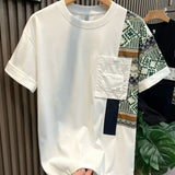 Aidase Men's Summer New Round Neck Pullover Fashion and Elegant Casual T-shirt Printed Pocket Panel Supple Versatile Short Sleeve Tops