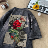 Aidase Gothic Washed Tshirts Rose Printed Streetwear Men T-shirt O-neck Oversized Korean Short Sleeve Tops Harajuku Casual Male Tee