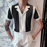 Aidase Luxury Men Knit Shirt Striped Contrast Color Jacquard Knitted Tops Men Cardigans Summer Short Sleeve Buttoned Lapel Slim Shirts aidase-shop