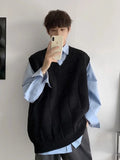 Aidase Men's Clothing Long Plaid Plain Knit Sweater Male Loose Fit Vest Sleeveless Waistcoat Solid Color Casual Japanese Retro aidase-shop