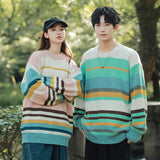 Aidase Autumn Striped Sweaters Men Korean Loose Streetwear Men's Pullovers Oversized Knitted Sweater Men Green Striped Sweater Women