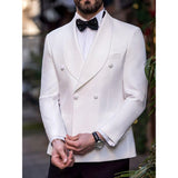 Aidase White Blazer Double Breasted Men Suit Two Pieces(Jacket+Black Pants) Lapel Outfits Chic Casual Party Prom Wedding Set