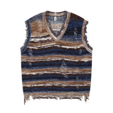 Aidase Vintage Gradient Stripe Baggy Knitted Sweater Vest Washed Ripped Red Sweater Tank Top Y2k Tie Dyeing V-Neck Sleeveless knitwear aidase-shop