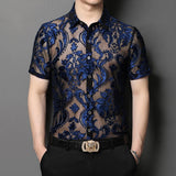 Aidase New Fashion Floral Embroidery Transparent Shirt Man See Through Sexy Casual  Shirts Men Social Party Lace Sheer Blouse Hollowout aidase-shop