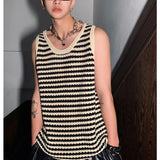 Summer New Niche Knitted Hollow Striped Vest Men Spaghetti Straps O-Neck Casual Loose Retro Couple Knit Sweater Vest aidase-shop