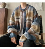 Autumn new men's sweater jacket retro casual loose knitted cardigan fashion trend gradient color clash knitted sweater