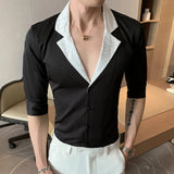 Aidase Jacquard Stitching Shirts For Men Half Sleeve Slim Casual Shirt Social Party Tuxedo Chemise Homme Streetwear Men Clothing