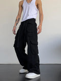 High street retro casual large pocket overalls men's and women's new summer high waist loose straight tube draped wide leg pants Maytrends