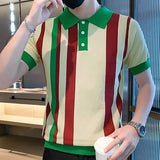 Aidase Casual Slim Stretch Knitted Polo Shirts Men Luxury Striped Patchwork Knitting Tops Summer Short Sleeve Button Lapel Mens T Shirt aidase-shop