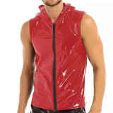 Aidase Men PVC Hoodies Tank Tops PU Leather Zipper Sleeveless Latex Hooded Shirts Vest Sexy Party Clubwear Fitness T-shirts Streetwear aidase-shop