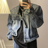 Aidase Men Cropped Denim Jacket Korean Fashion Vintage Turn-down Collar Belt Design Single Breasted Male Denim Coat American Style aidase-shop