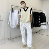 Aidase Man Clothes Beige Vest Waistcoat Knitted Sweaters for Men V Neck Sleeveless Order Korean Fashion Over Fit Knit Large Big Size X aidase-shop