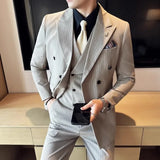 Aidase Fashion New Men's Boutique Business Slim Wedding Striped Double Breasted Suit Blazers Jacket Pants Trousers Vest 3 Pcs Set aidase-shop