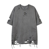 Aidase Summer New Washed Destroyed Tops and T-shirts Retro Distressed Necklace T-shirt Harajuku Oversized Lazy Ripped T Shirt aidase-shop