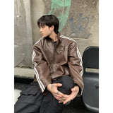 Aidase Retro Leather Jacket Men Women  American Patchwork Strip Racing Outerwear Loose Hip Hop Zippers Brown PU Coat Streetwear Spring aidase-shop