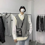 Aidase Knitted Sweaters for Men Sleeveless Vest Man Clothes White Plaid V Neck Waistcoat Over Fit Knit Aesthetic Meme Y2k Streetwear A aidase-shop