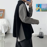 Sweater Vest Men Trendy Spring Outerwear Korean Style Loose Sleeveless Side-slit Black Simple Daily Clothing Chandails Harajuku aidase-shop