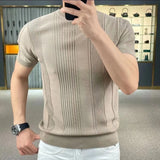 Aidase New Summer Men Knit Ice Silk T-shirts High Quality Solid Jacquard Stripe Short Sleeve O-neck Tee Tops Mens Thin Slim Fit T-Shirt aidase-shop