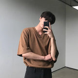 Aidase Summer Boys Korean Style V-neck Short Sleeve T-shirt Solid Color Loose Couple Tshirt Oversize Men Black Cotton Tee Shirt XXL