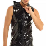 Aidase Men PVC Hoodies Tank Tops PU Leather Zipper Sleeveless Latex Hooded Shirts Vest Sexy Party Clubwear Fitness T-shirts Streetwear aidase-shop