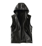 Aidase Spring Autumn Luxury Elegant Cool Black Pu Leather Vest for Men with Hood Zipper Sleeveless Jacket Men Clothing aidase-shop