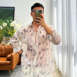 Aidase Men Sheer Floral Shirt Fashion Sexy Mesh See-through Long Sleeve Shirts Summer Casual Blouse Neutral Thin Loose LGBT Clothing aidase-shop