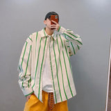 Aidase Autumn Fashion Tops Thin Coats Trendy Loose Retro Off-shoulder Green Vertical Striped Long-sleeved Shirts Men's Shirts aidase-shop