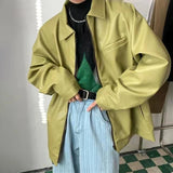 Aidase 2024 Men Autumn Winter New Unisex 2k Retro Solid Color Green Leather Jacket Motorcycle Casual Loose Zipper Lapel Street Coat aidase-shop