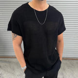 Aidase Leisure Hollow Out Breathable Knit Tops Men Summer Vintage O Neck Men Knitted T-shirt Short Sleeve Solid Color Knitting T Shirt aidase-shop