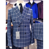 Aidase Des Graoom New Double Breasted Plaid Suit Men Slim Fit Blue 2 Pieces Set Blazer Pants Vintage Fashion Costume Homme