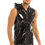 Aidase Men PVC Hoodies Tank Tops PU Leather Zipper Sleeveless Latex Hooded Shirts Vest Sexy Party Clubwear Fitness T-shirts Streetwear aidase-shop